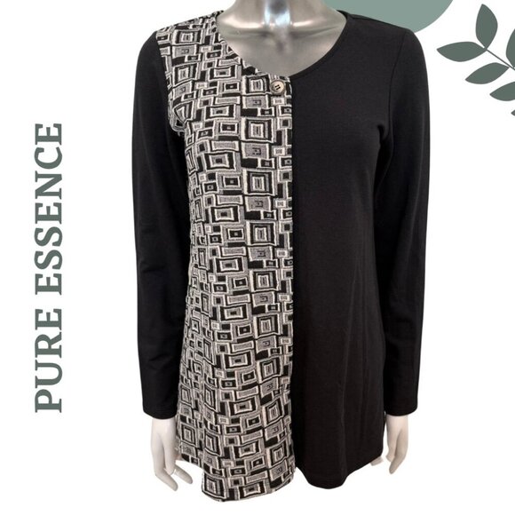 Pure Essence Black Cream Geometric Panel Tunic Top Long Sleeve Knit Size XS - Picture 1 of 8